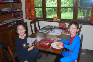 Dalton and Tristan enjoying  breakfast and art